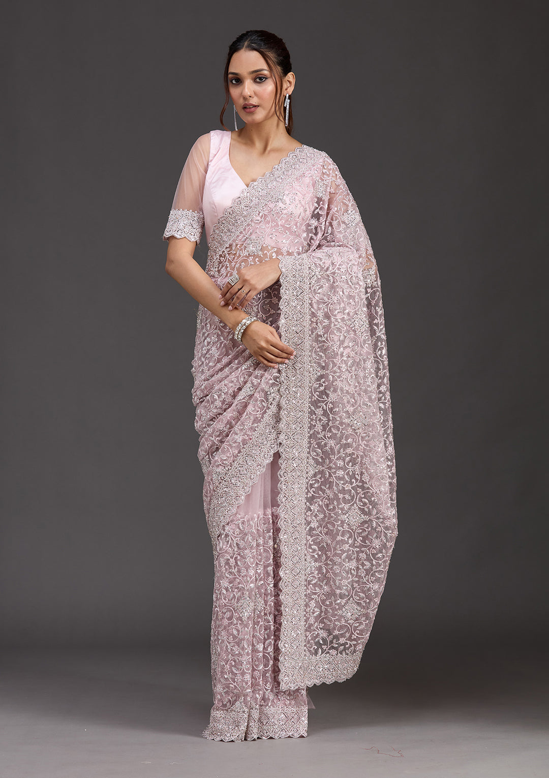 Pink Net Silver Stonework Saree With Matching Blouse Piece