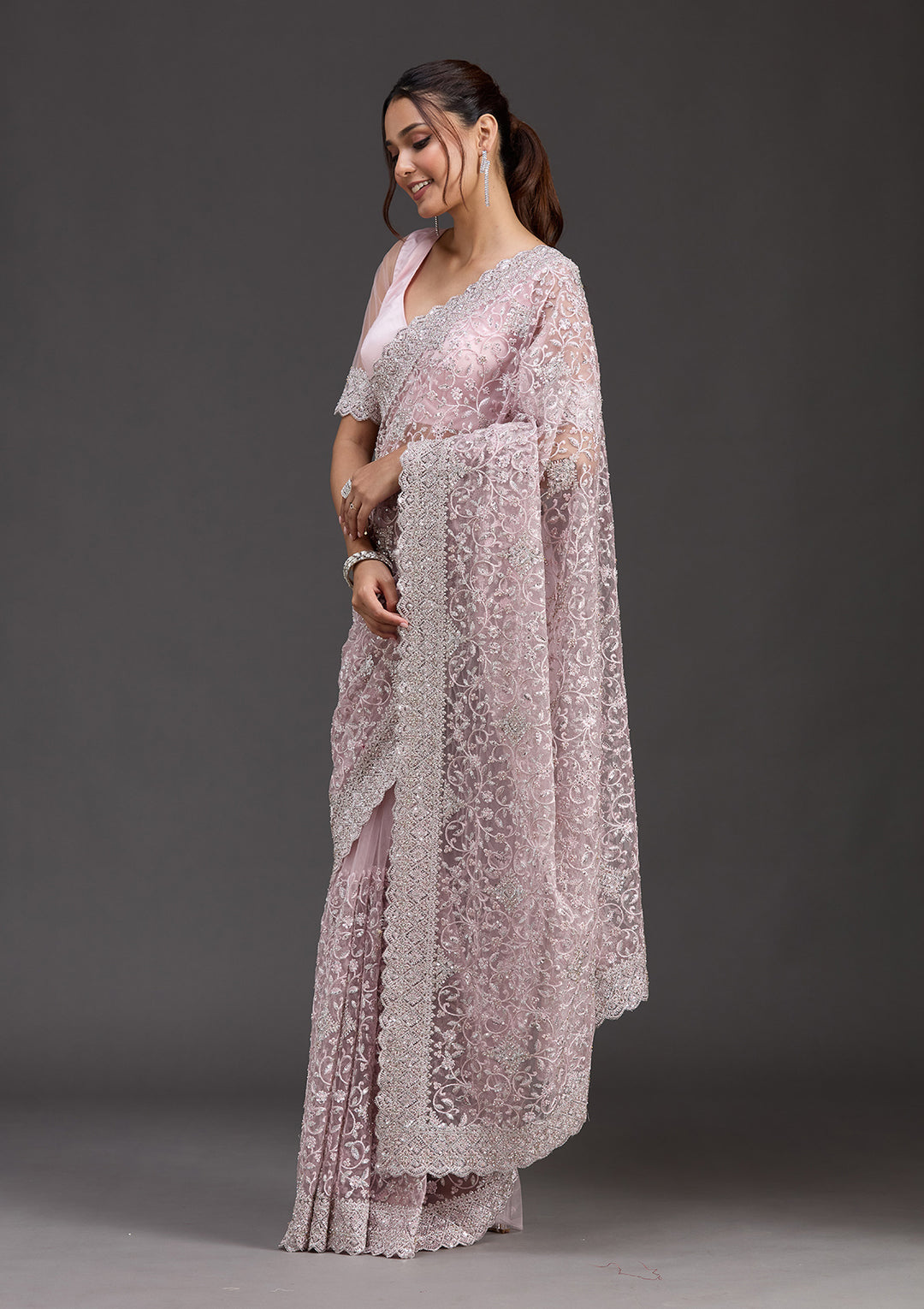 Pink Net Silver Stonework Saree With Matching Blouse Piece