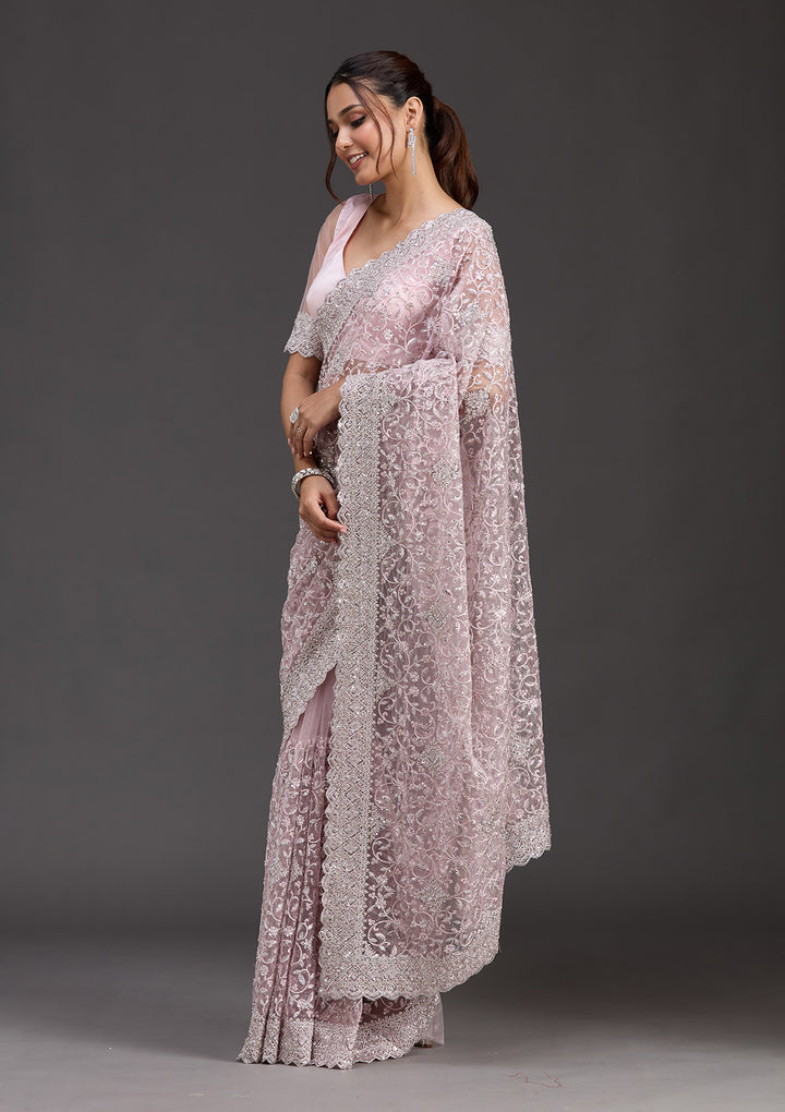 Pink Net Silver Stonework Saree With Matching Blouse Piece