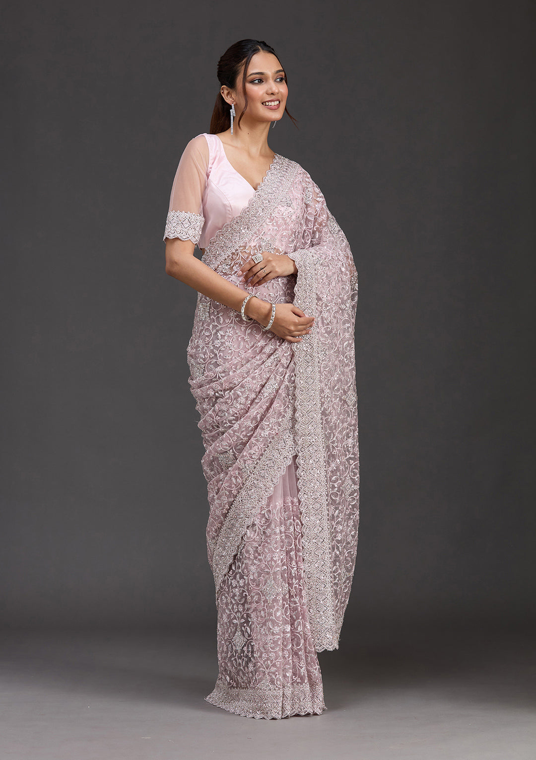Pink Net Silver Stonework Saree With Matching Blouse Piece