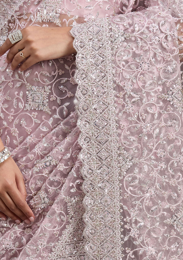 Pink Net Silver Stonework Saree With Matching Blouse Piece