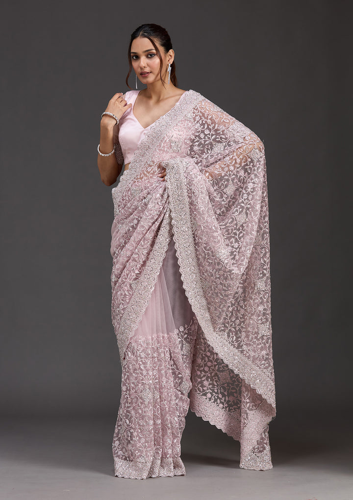 Pink Net Silver Stonework Saree With Matching Blouse Piece