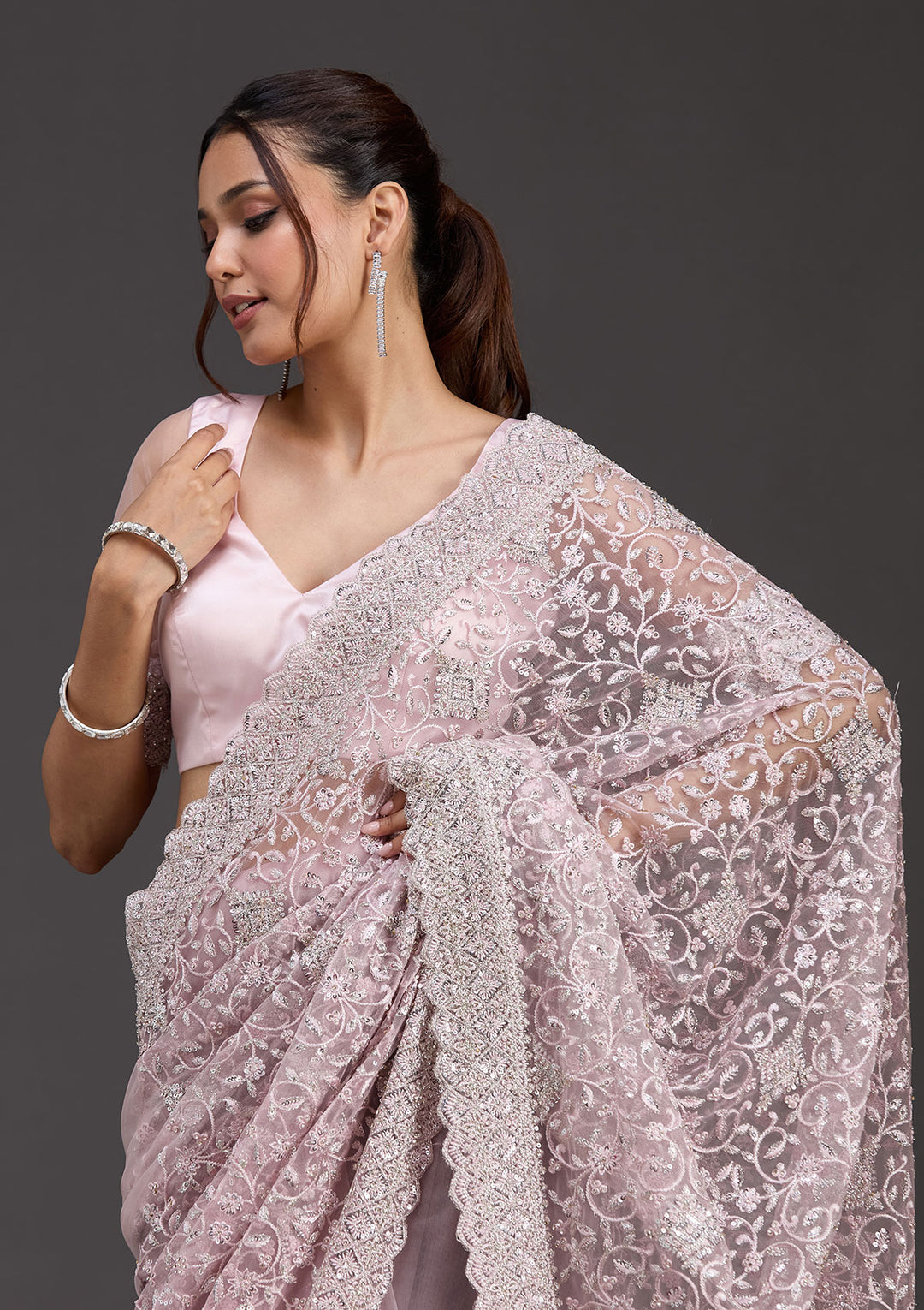 Pink Net Silver Stonework Saree With Matching Blouse Piece