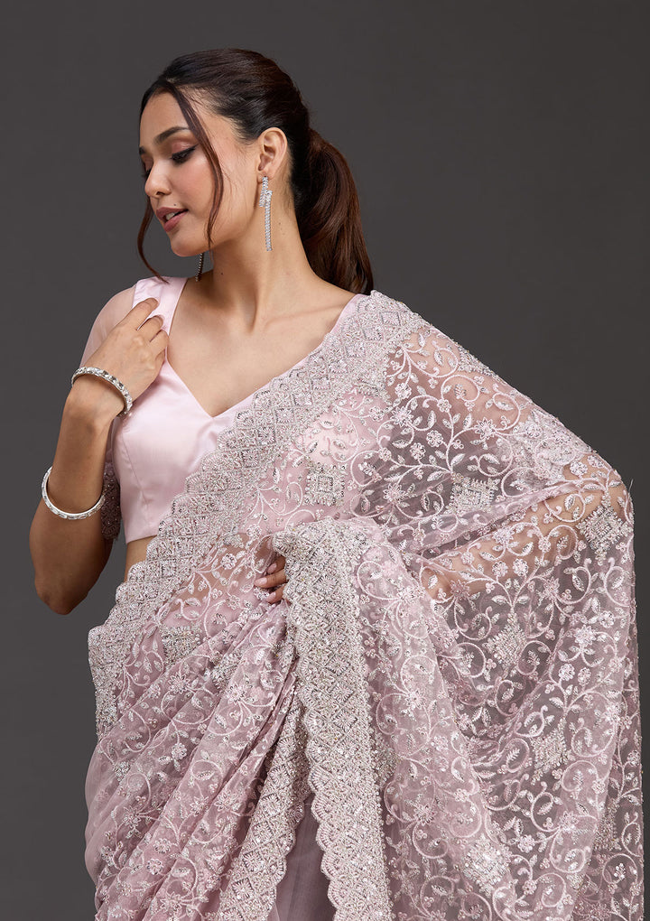 Pink Net Silver Stonework Saree With Matching Blouse Piece