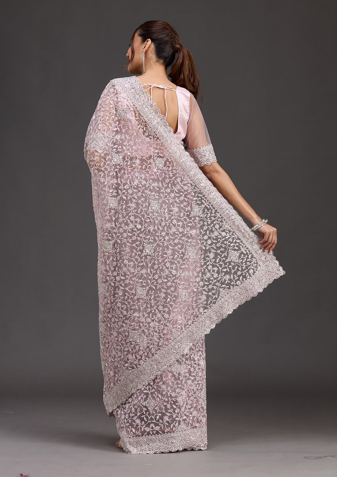 Pink Net Silver Stonework Saree With Matching Blouse Piece