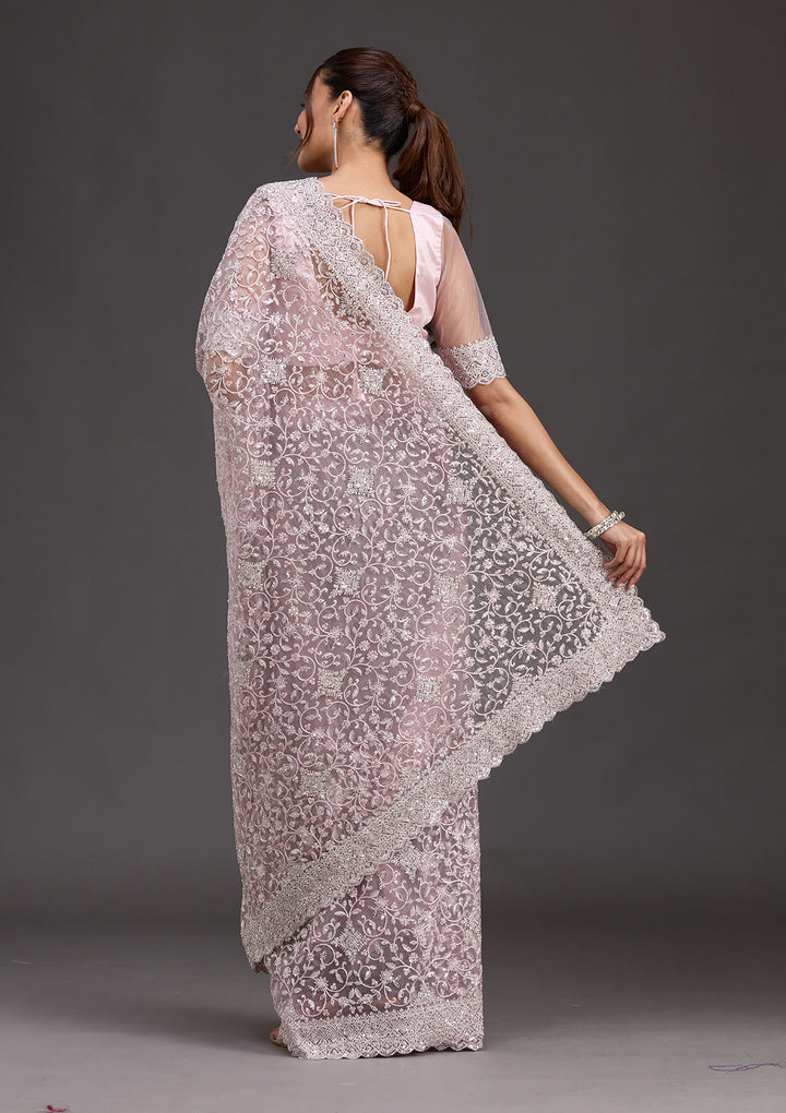 Pink Net Silver Stonework Saree With Matching Blouse Piece