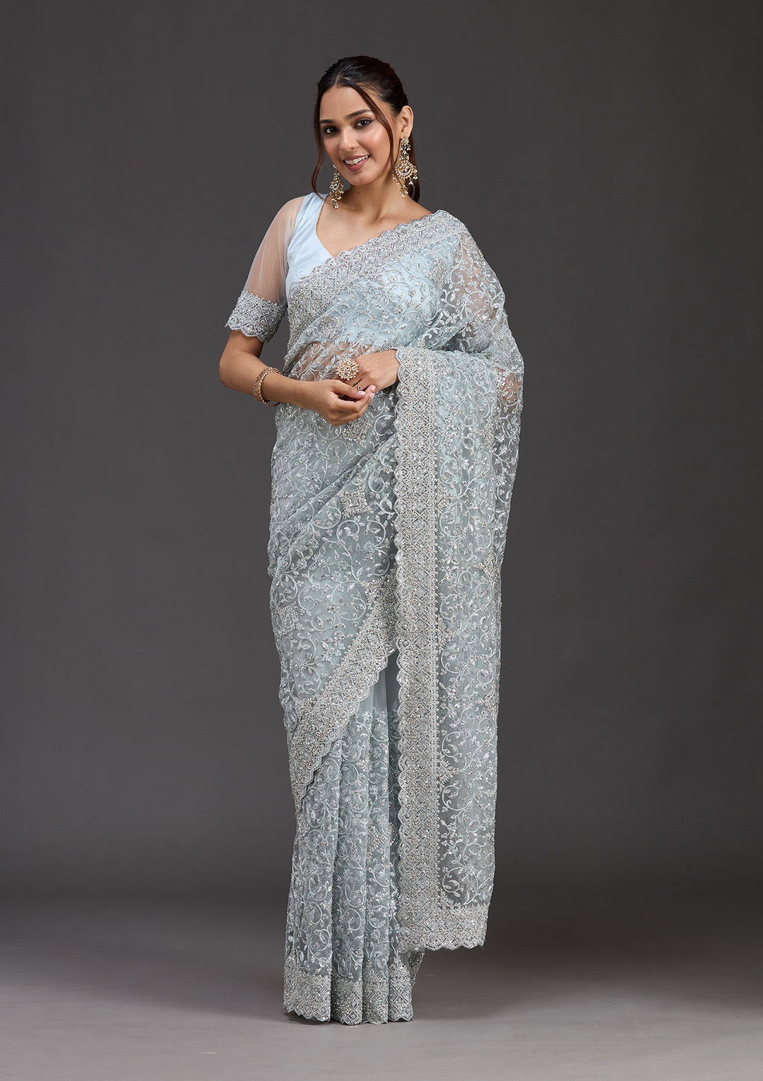 Sky Blue Net Silver Stonework Saree With Matching Blouse Piece