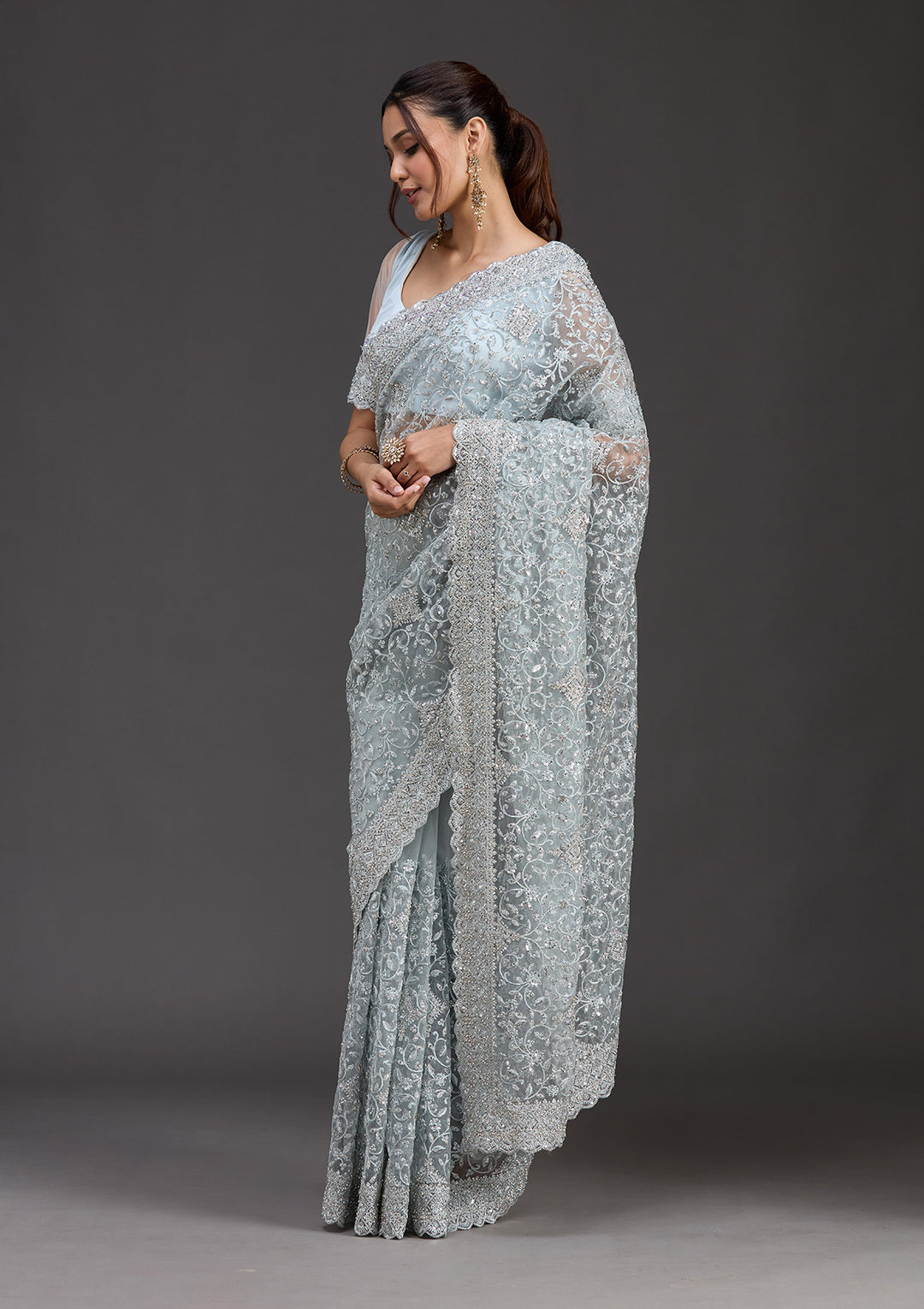 Sky Blue Net Silver Stonework Saree With Matching Blouse Piece