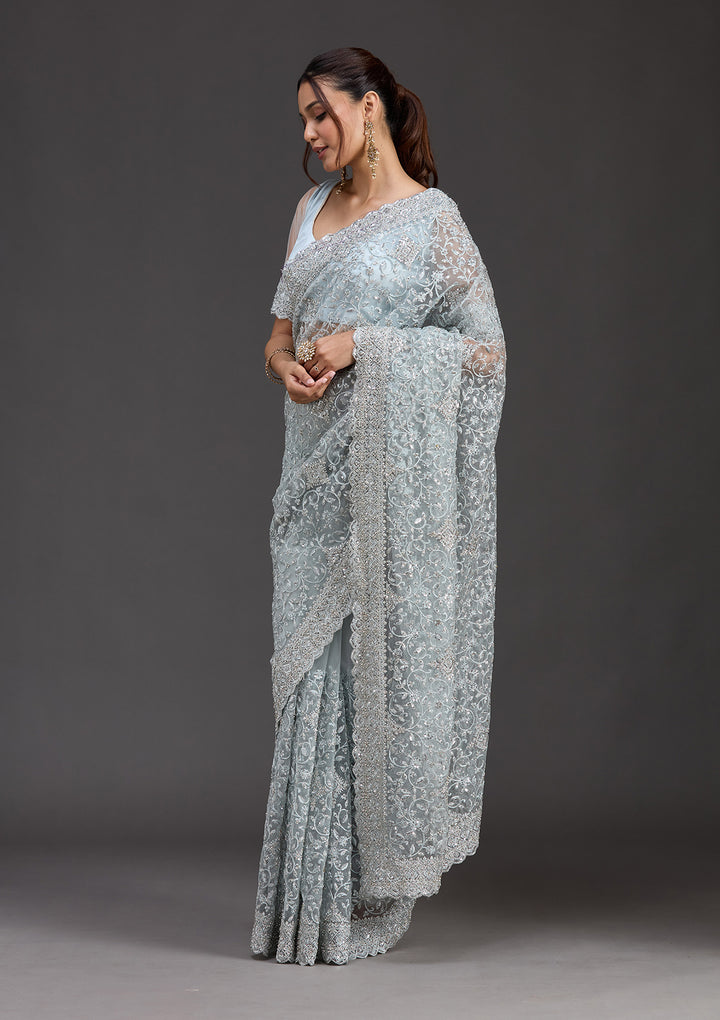 Sky Blue Net Silver Stonework Saree With Matching Blouse Piece