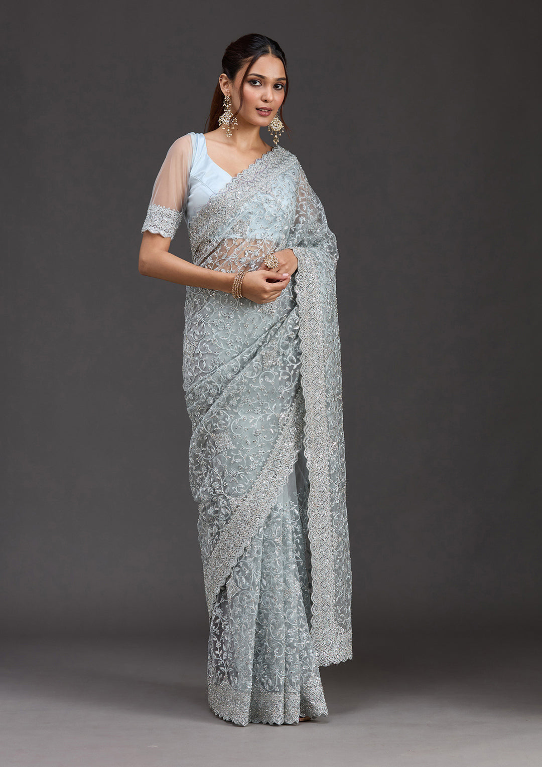 Sky Blue Net Silver Stonework Saree With Matching Blouse Piece