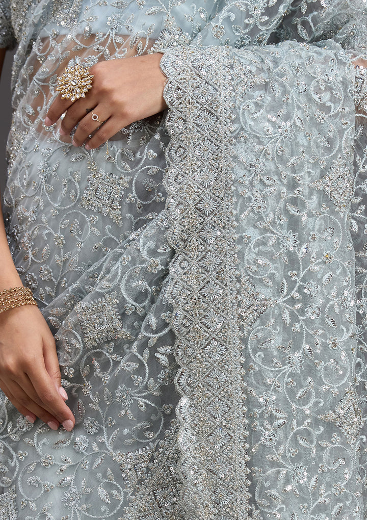 Sky Blue Net Silver Stonework Saree With Matching Blouse Piece