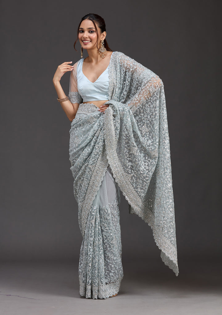 Sky Blue Net Silver Stonework Saree With Matching Blouse Piece