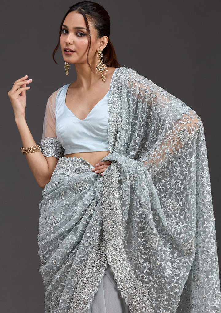 Sky Blue Net Silver Stonework Saree With Matching Blouse Piece