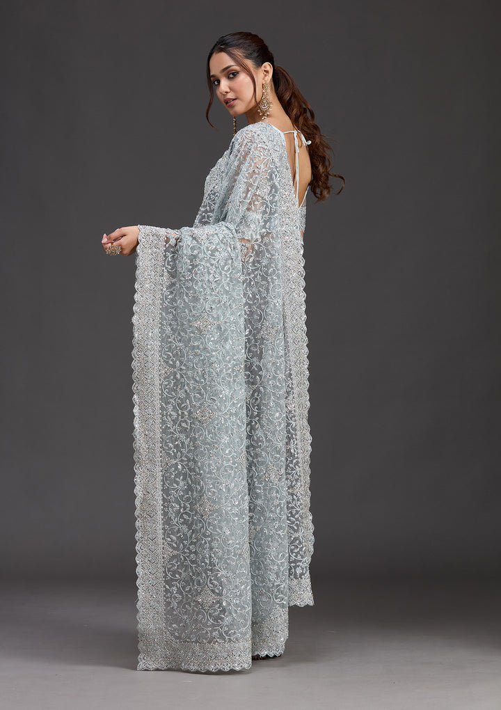 Sky Blue Net Silver Stonework Saree With Matching Blouse Piece