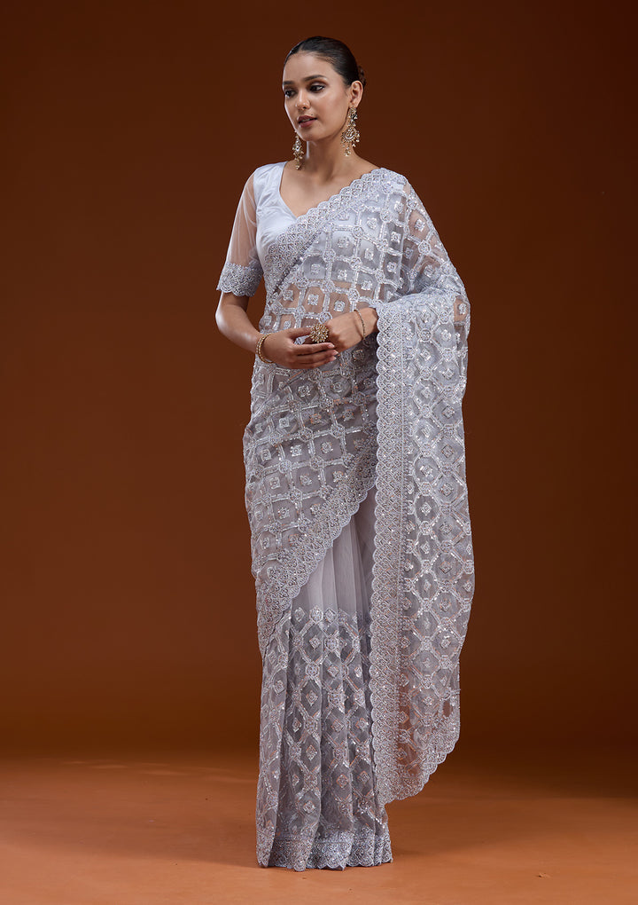 Lavender Net Silver Stonework Saree With Matching Blouse Piece
