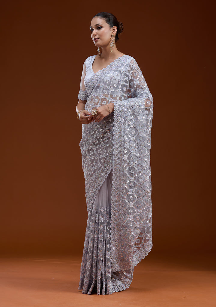 Lavender Net Silver Stonework Saree With Matching Blouse Piece