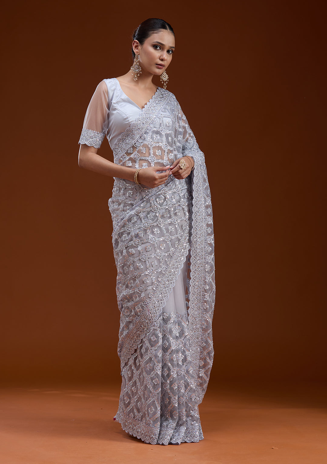 Lavender Net Silver Stonework Saree With Matching Blouse Piece