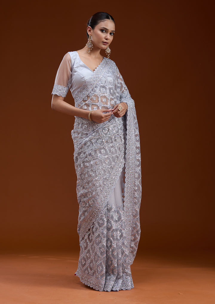 Lavender Net Silver Stonework Saree With Matching Blouse Piece