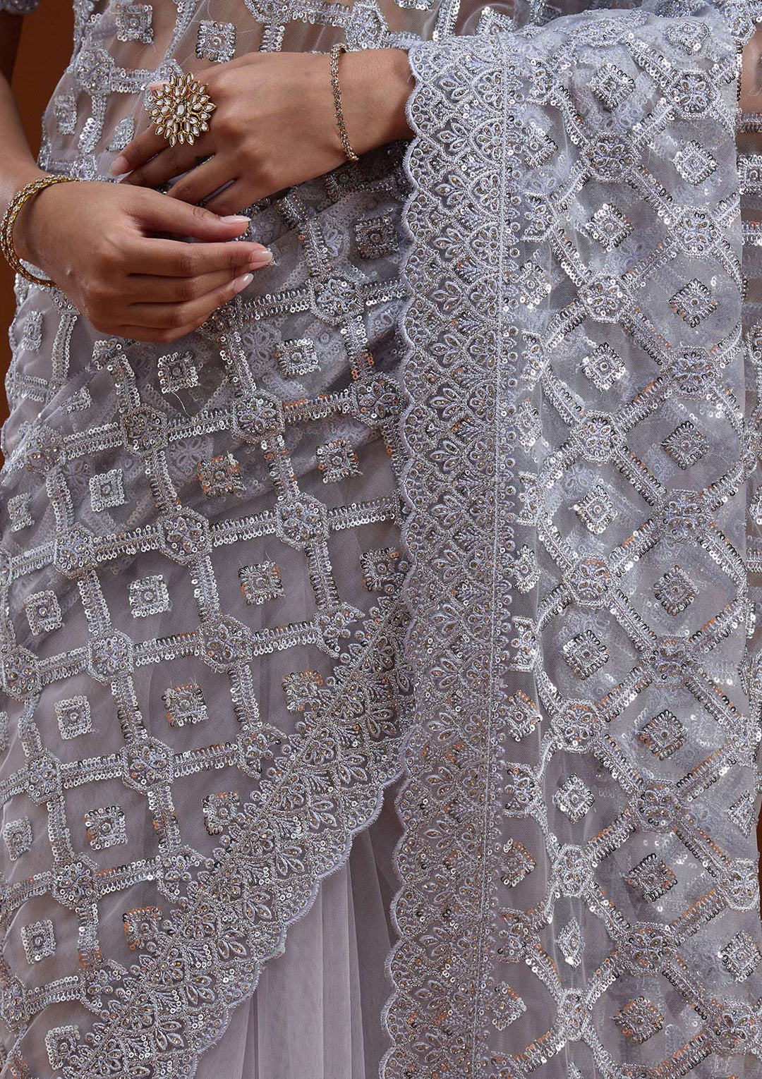 Lavender Net Silver Stonework Saree With Matching Blouse Piece