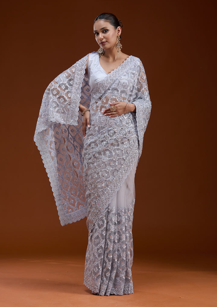 Lavender Net Silver Stonework Saree With Matching Blouse Piece