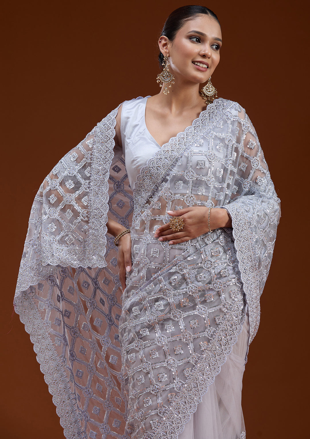 Lavender Net Silver Stonework Saree With Matching Blouse Piece