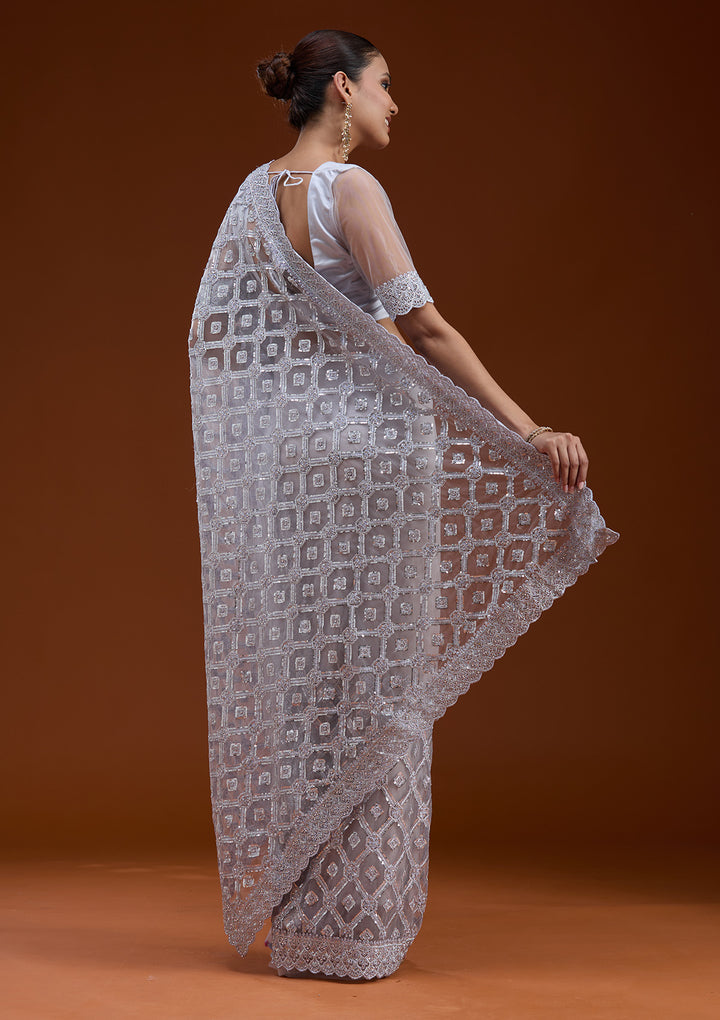Lavender Net Silver Stonework Saree With Matching Blouse Piece