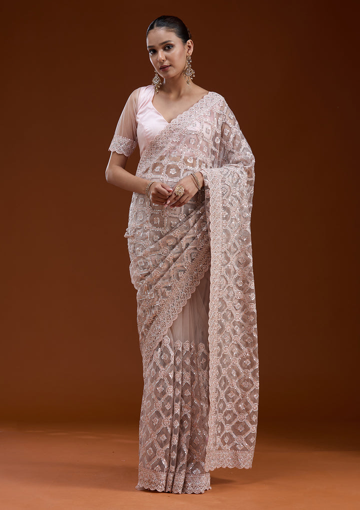 Peach Net Silver Stonework Saree With Matching Blouse Piece