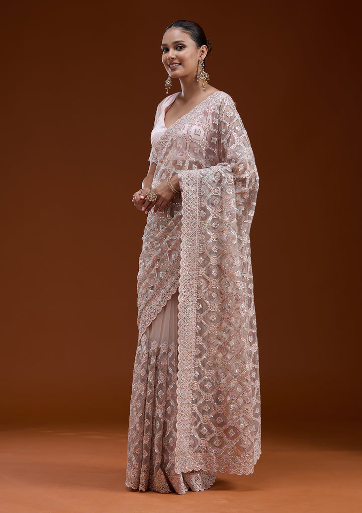 Peach Net Silver Stonework Saree With Matching Blouse Piece