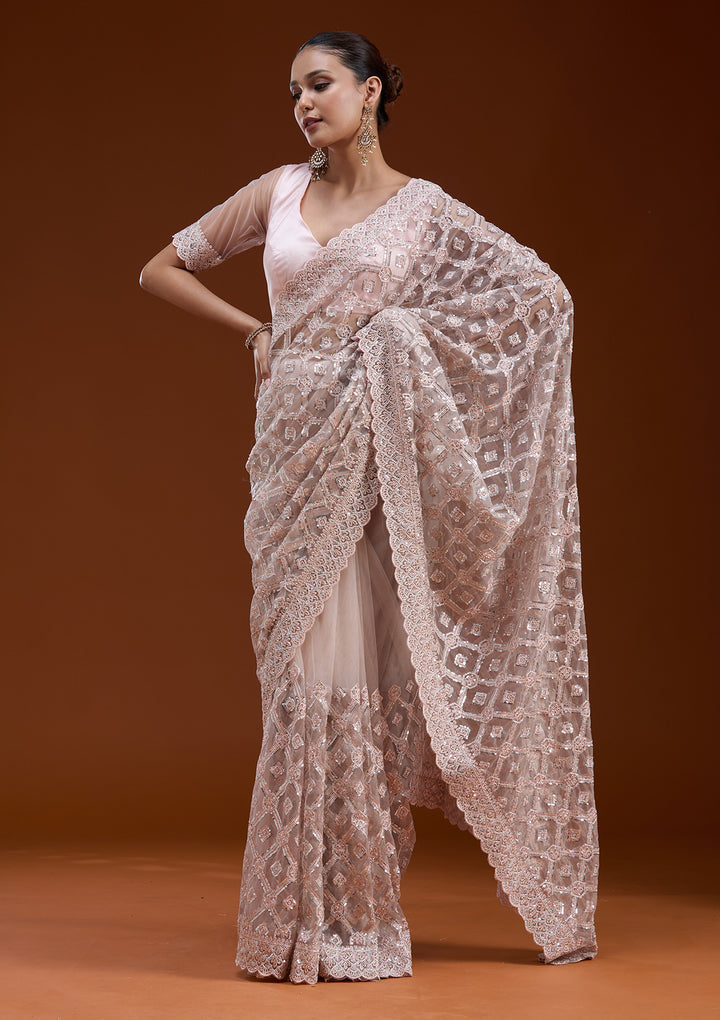 Peach Net Silver Stonework Saree With Matching Blouse Piece