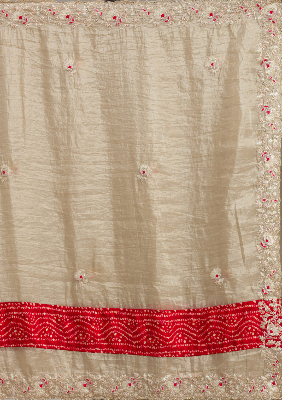 Beige Tissue Bandhej Gold Zariwork Saree With Matching Blouse Piece