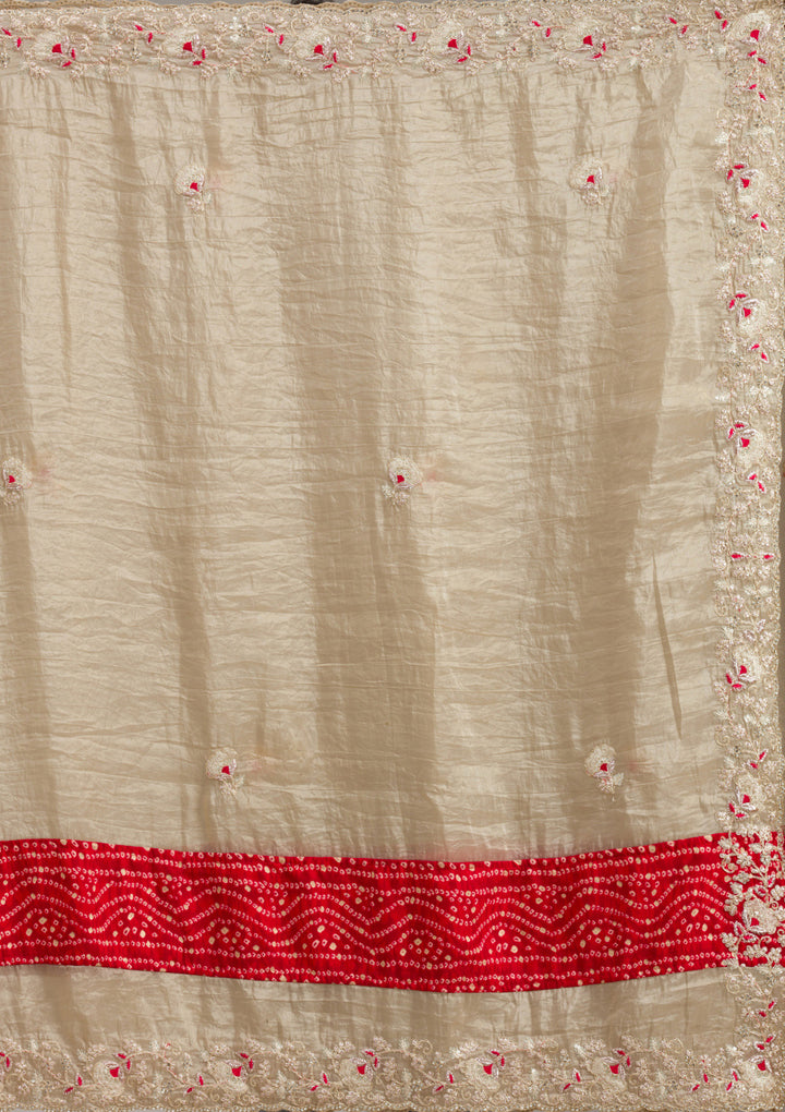 Beige Tissue Bandhej Gold Zariwork Saree With Matching Blouse Piece