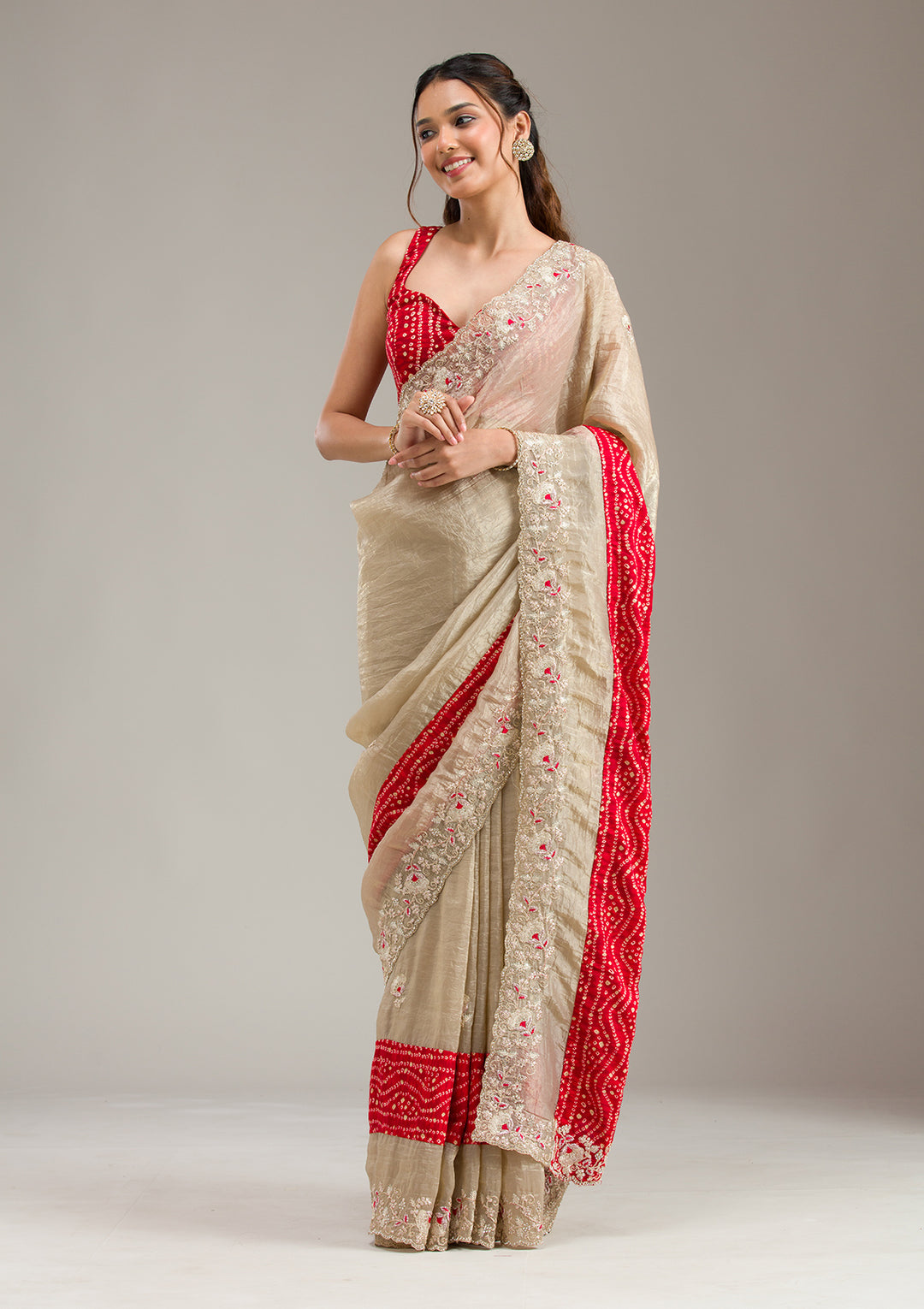 Beige Tissue Bandhej Gold Zariwork Saree With Matching Blouse Piece