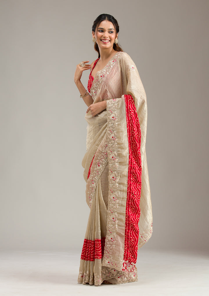 Beige Tissue Bandhej Gold Zariwork Saree With Matching Blouse Piece