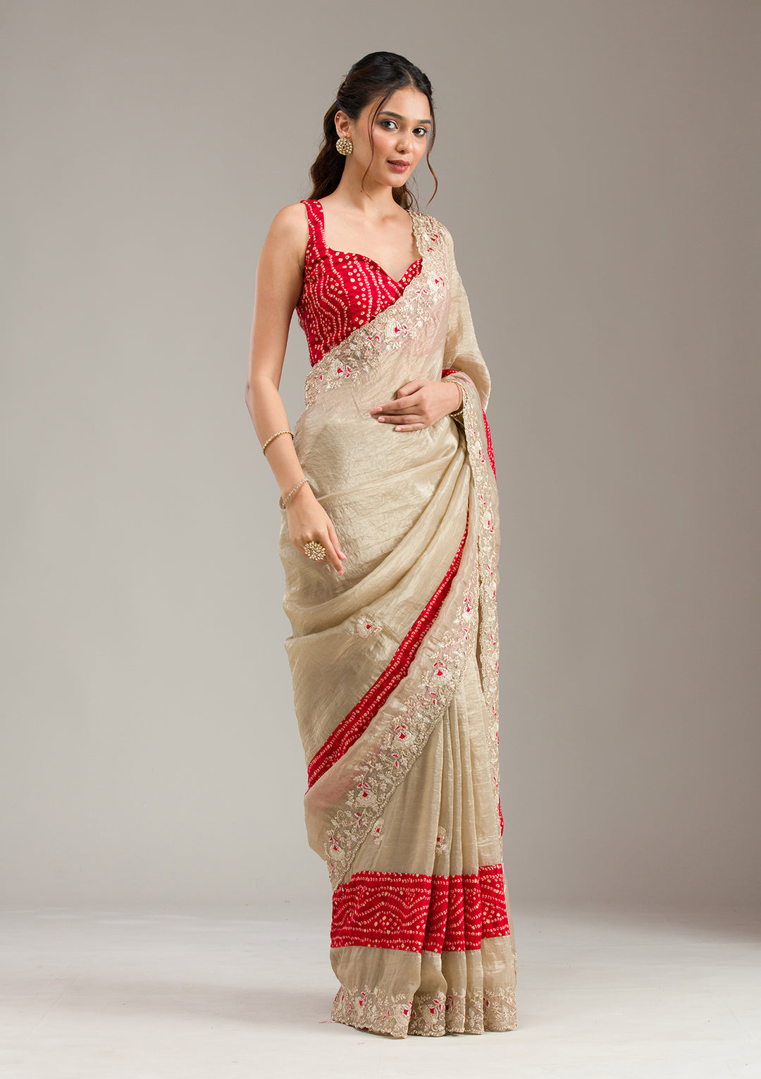 Beige Tissue Bandhej Gold Zariwork Saree With Matching Blouse Piece