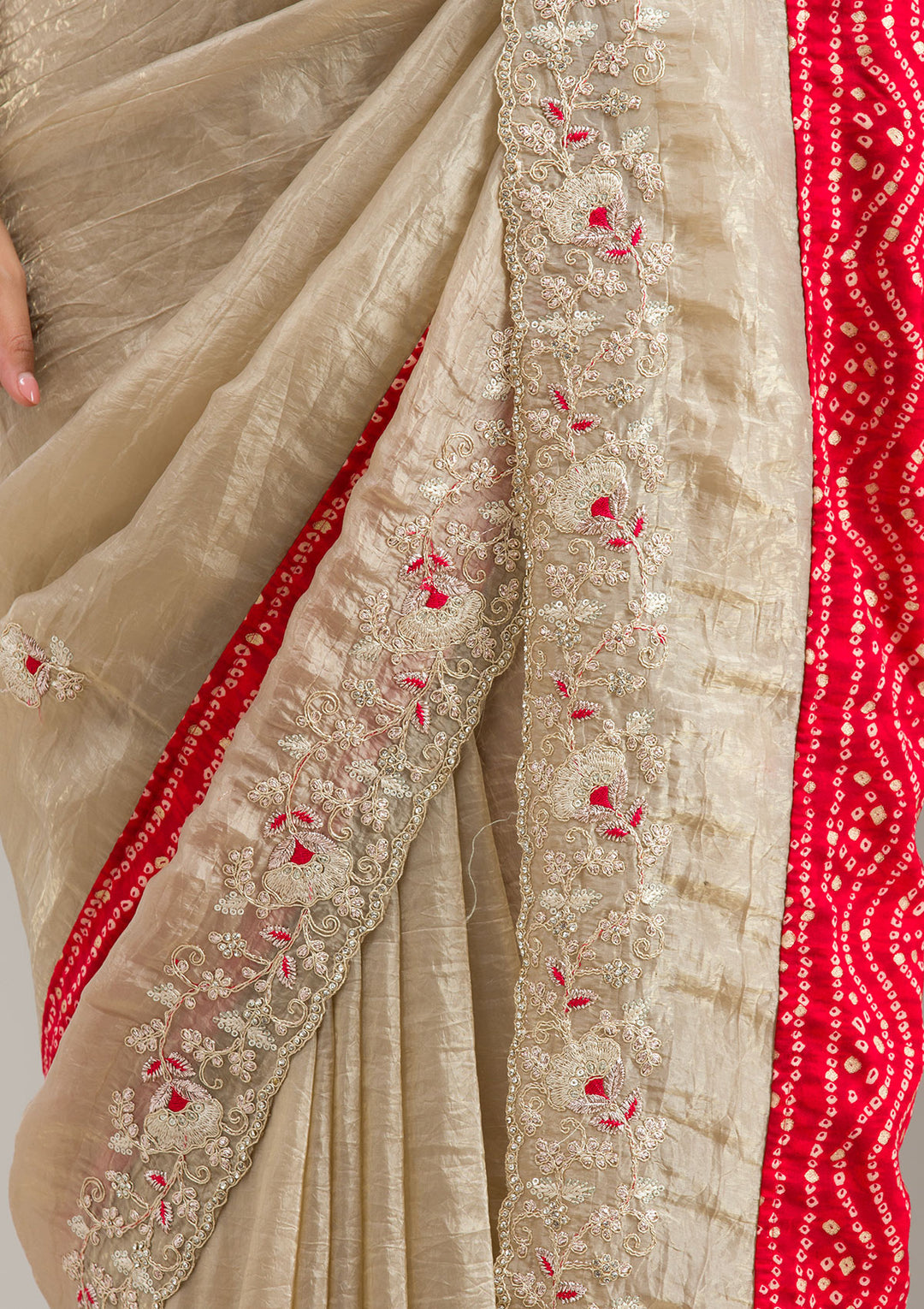 Beige Tissue Bandhej Gold Zariwork Saree With Matching Blouse Piece