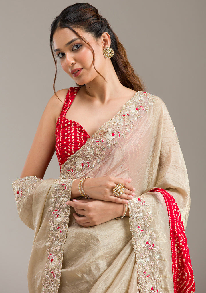 Beige Tissue Bandhej Gold Zariwork Saree With Matching Blouse Piece