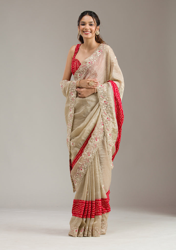 Beige Tissue Bandhej Gold Zariwork Saree With Matching Blouse Piece