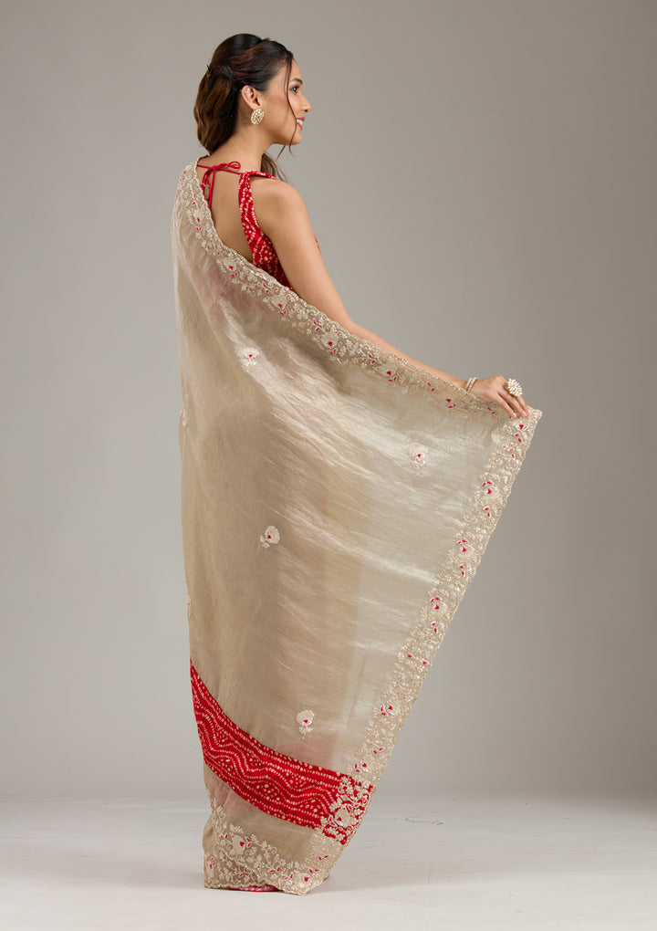 Beige Tissue Bandhej Gold Zariwork Saree With Matching Blouse Piece