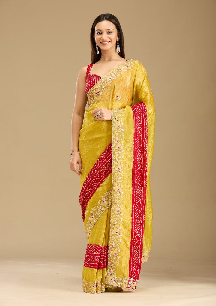 Mustard Tissue Bandhej Gold Zariwork Saree With Matching Blouse Piece