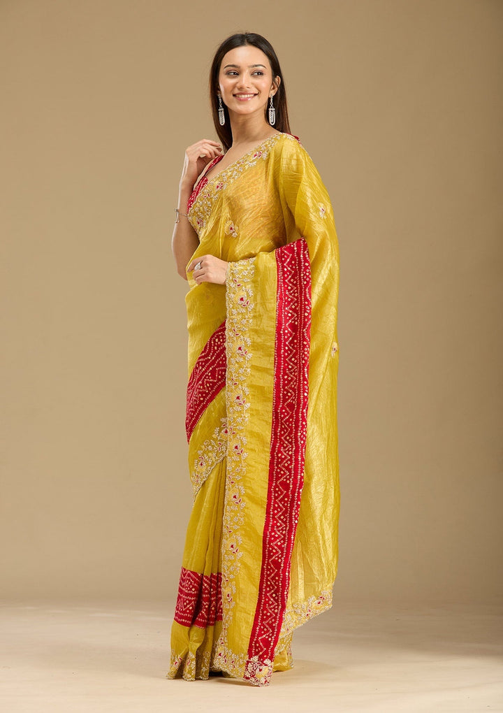 Mustard Tissue Bandhej Gold Zariwork Saree With Matching Blouse Piece