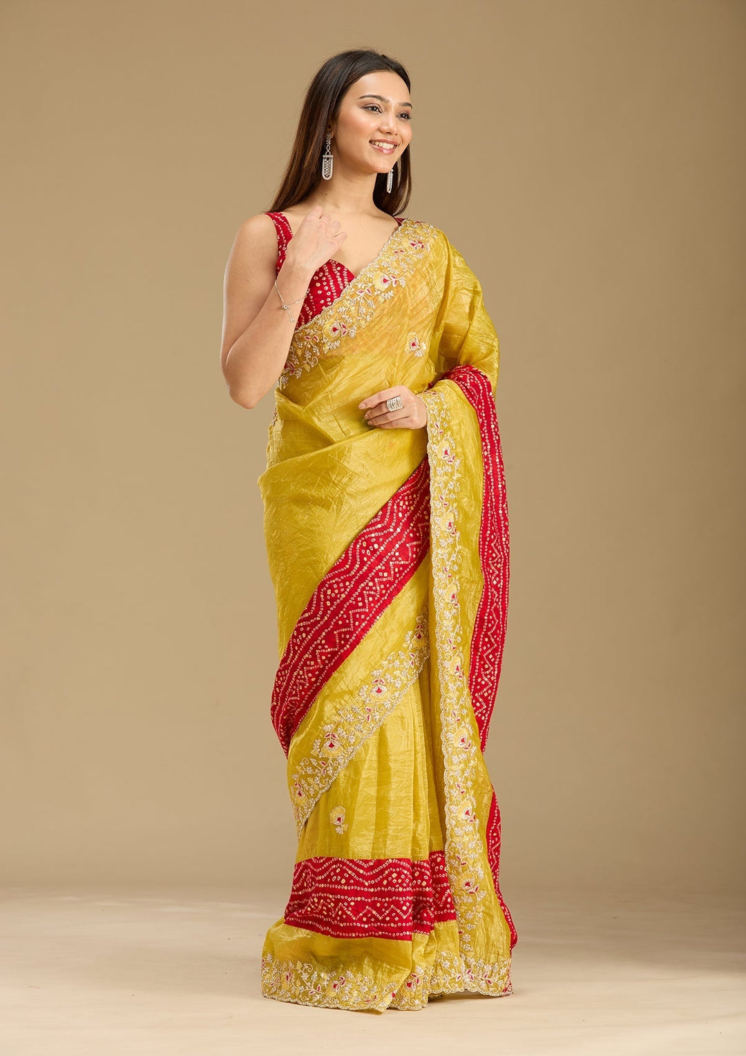 Mustard Tissue Bandhej Gold Zariwork Saree With Matching Blouse Piece