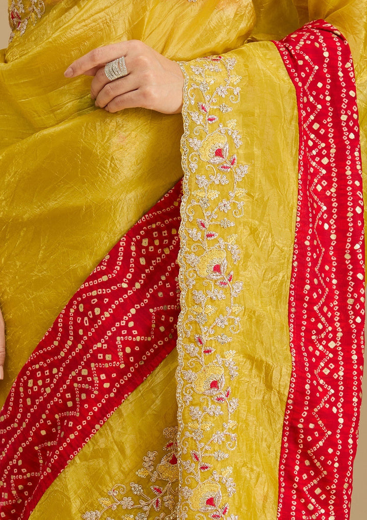 Mustard Tissue Bandhej Gold Zariwork Saree With Matching Blouse Piece