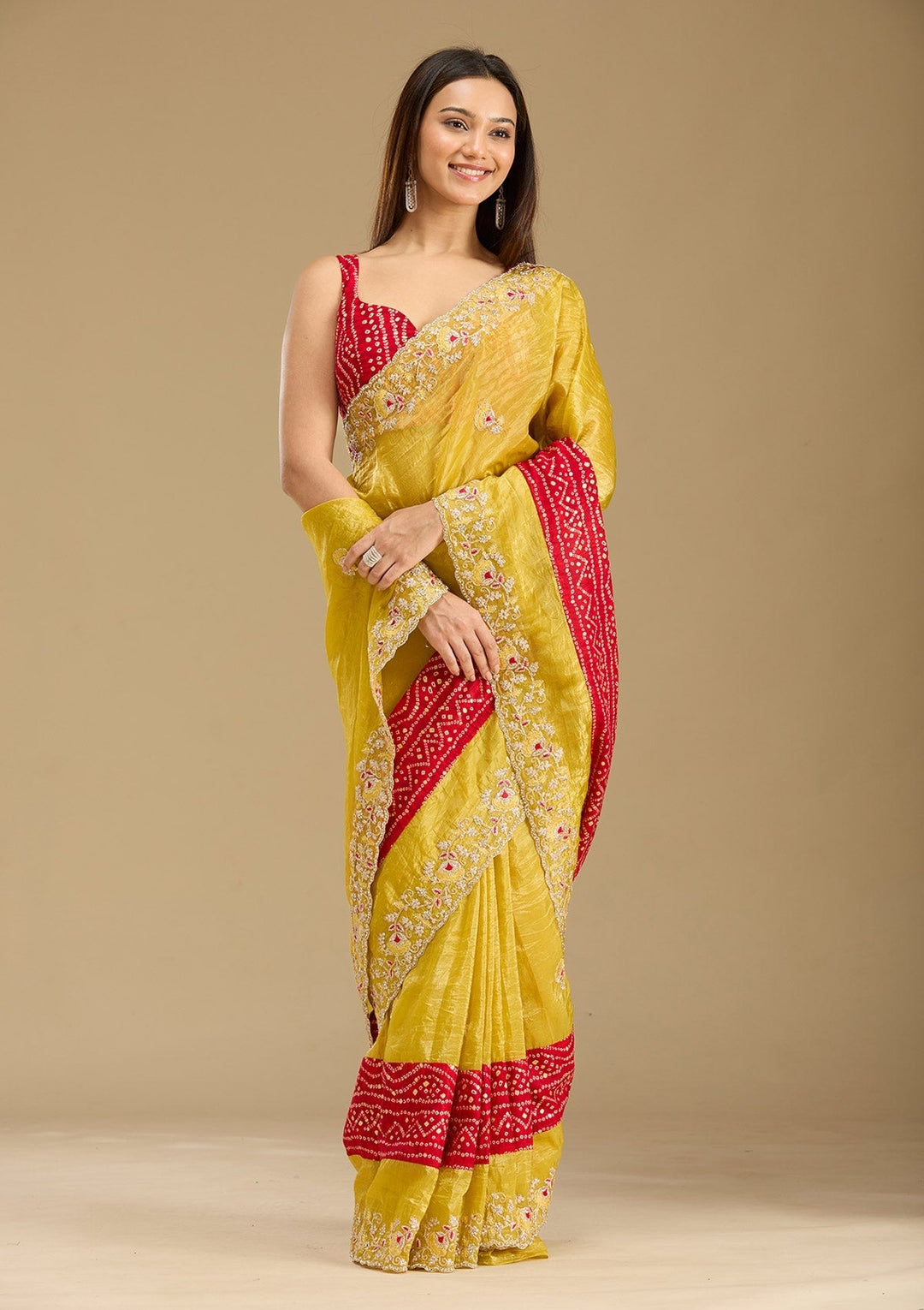 Mustard Tissue Bandhej Gold Zariwork Saree With Matching Blouse Piece