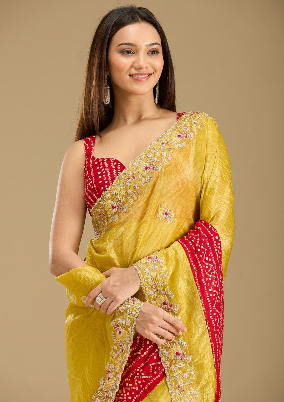 Mustard Tissue Bandhej Gold Zariwork Saree With Matching Blouse Piece