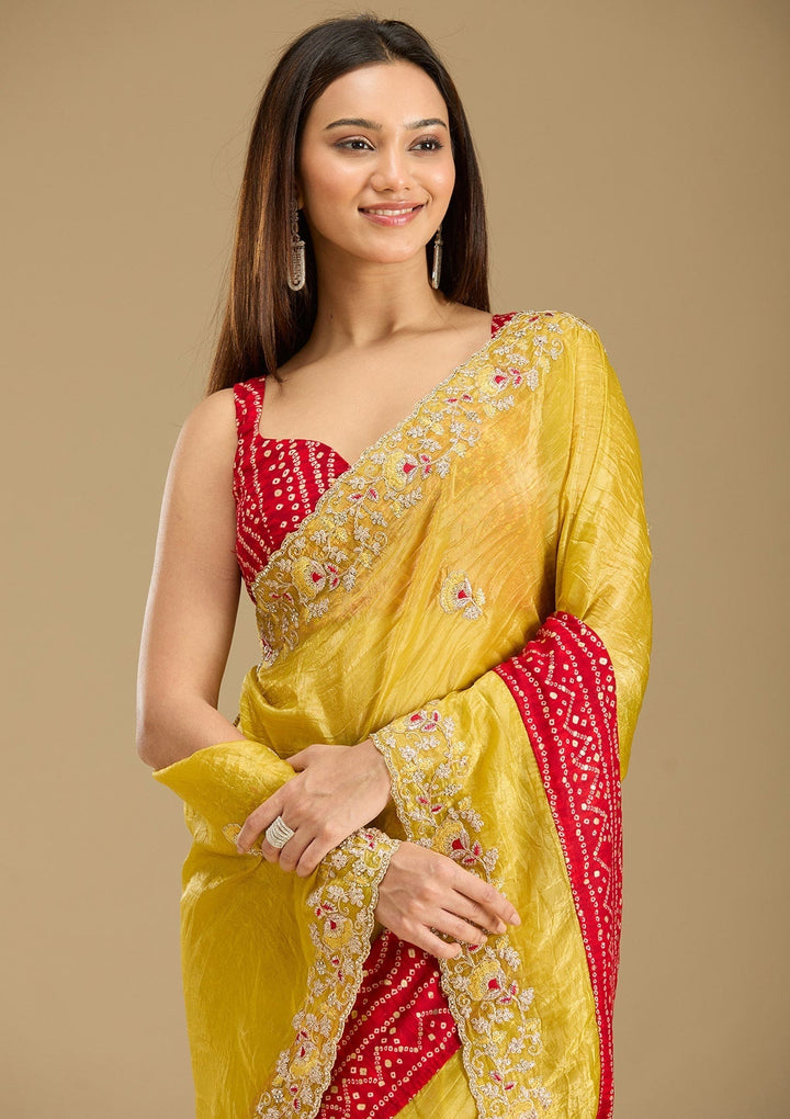Mustard Tissue Bandhej Gold Zariwork Saree With Matching Blouse Piece