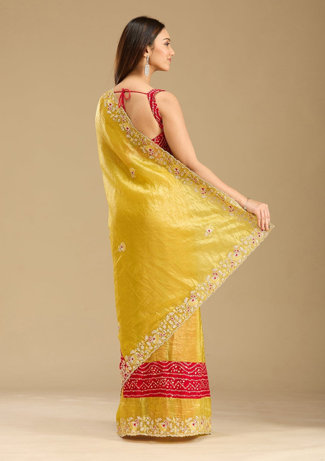 Mustard Tissue Bandhej Gold Zariwork Saree With Matching Blouse Piece