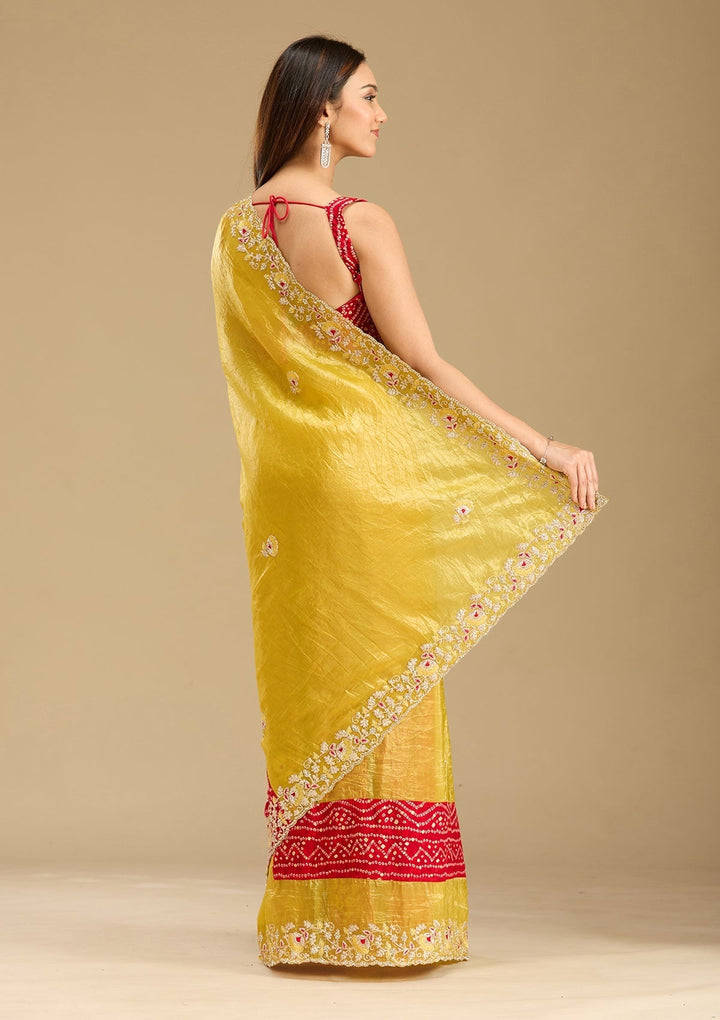 Mustard Tissue Bandhej Gold Zariwork Saree With Matching Blouse Piece