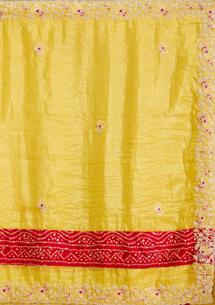 Mustard Tissue Bandhej Gold Zariwork Saree With Matching Blouse Piece
