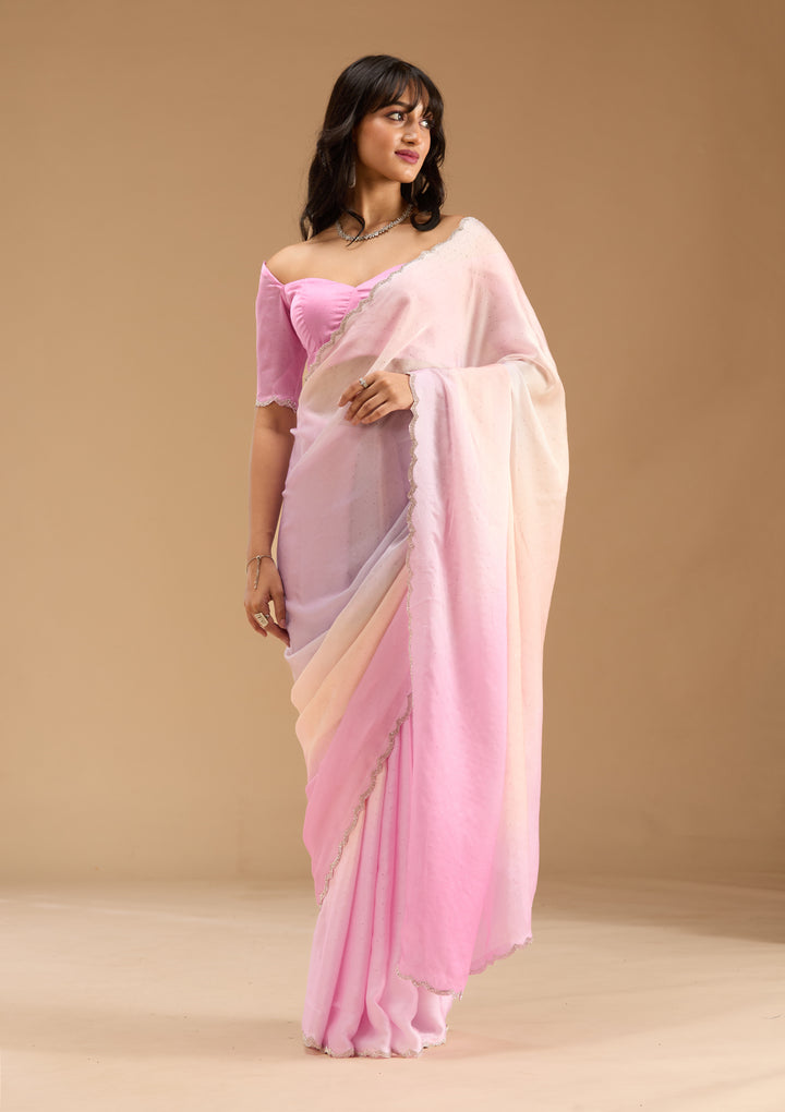 Baby Pink Satin Ombre Silver Stonework Saree With Matching Blouse Piece