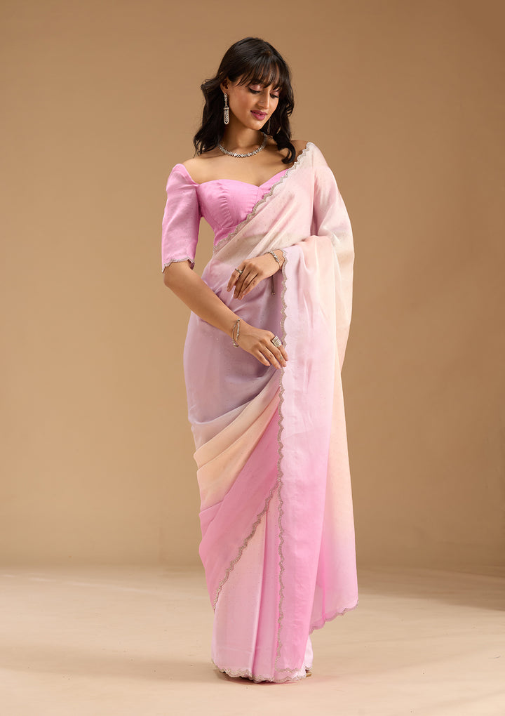 Baby Pink Satin Ombre Silver Stonework Saree With Matching Blouse Piece